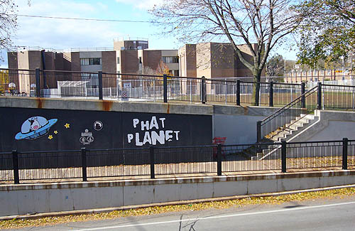 Black wall of an underpass shows a spacecraft piloted by a cow and the words PHAT PLANET
