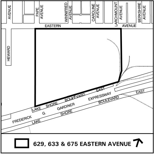 Map of 628, 633 & 675 Eastern Avenue, bounded by Pape, Lake Shore, Larchmount, and Eastern