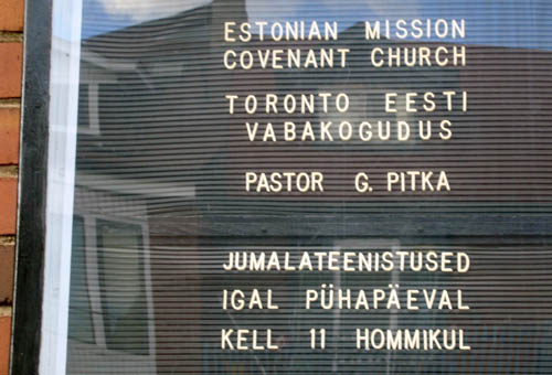 Sign reads ESTONIAN MISSION COVENANT CHURCH TORONTO EESTI VASAKOGUDUS
