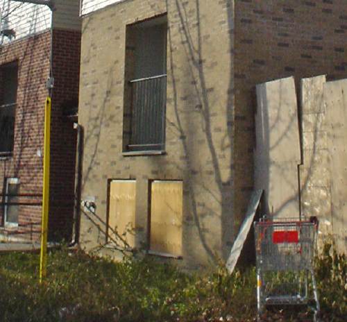 Rightmost basement windows appear to be boarded up (and a shopping cart sits on the overgrown lawn nearby)